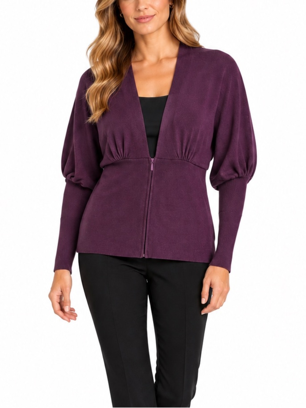 Promod Purple Wool Blend Zip Front Dolman Sleeve Sweater Cardigan Medium